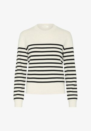 Strikket trøje i creme med sorte vandrette striber. Har rund hals og ribbede manchetter og kant. Glat tekstur, afslappet design.