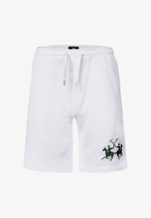 White casual shorts with elastic waistband and drawstring, featuring a black embroidered polo players logo on the lower right leg.