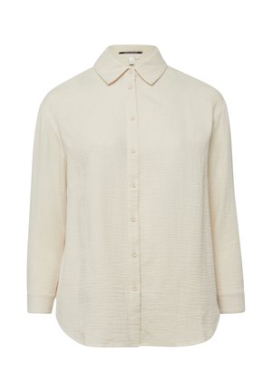 Kremowa, długorękawowa koszula na guziki z ostrym kołnierzem i teksturowaną tkaniną, prezentowana na jednolitym białym tle.