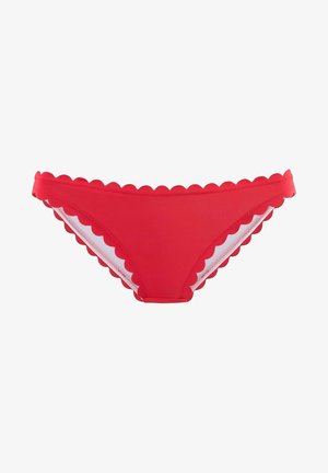 Roter Bikini-Slip mit gewellten Kanten, aus glattem Stoff gefertigt. Das Design zeichnet sich durch eine einfarbige Oberfläche und einen kontrastierenden Innenfutter aus.