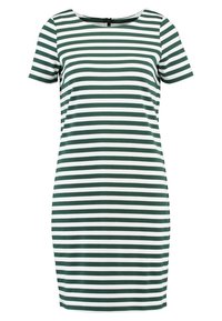 Zeleno-bílý pruhovaný šaty, krátké rukávy, kulatý výstřih, přiléhavý střih, vyrobeno z měkké, elastické látky, se zapínáním na zip na zadní straně.