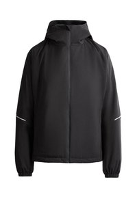 Sort hættejakke med fuld lynlås foran, elastiske manchetter og reflekterende striber på ærmerne, vist på en hvid baggrund.