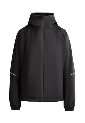 Čierna kapucňová bunda s plným predným zipsom, elastickými manžetami a reflexnými pásmi na rukávoch, zobrazená na bielom pozadí.