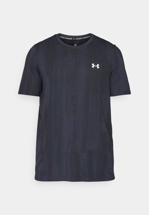 Dark navy short-sleeve t-shirt made of breathable fabric, featuring a textured pattern and a white Under Armour logo on the chest.