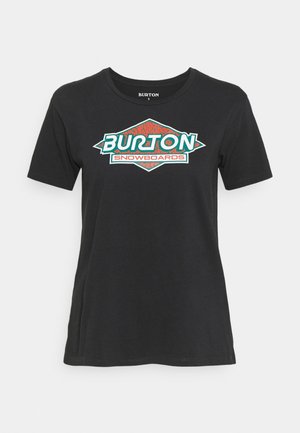 T-shirt noir à manches courtes avec un logo coloré Burton Snowboards sur la poitrine, avec un texte et un design en bleu sarcelle, rouge et blanc.
