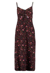 Svart blommig klänning med justerbara spaghettiband, som har ett figursytt liv, en knuten detalj fram och en flödande midilängdskjol.