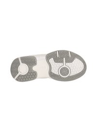 Semelle de chaussure en caoutchouc blanc et gris, avec des motifs en vagues et hexagonaux, des rainures soulignées et un accent circulaire central.