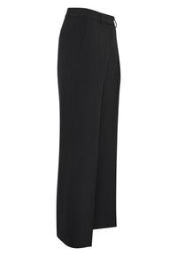 Pantaloni neri a gamba larga in tessuto liscio, con design strutturato, fronte piatto, passanti per cintura e una singola tasca posteriore.