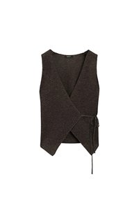 Dark brown knitted vest with a v-neckline and an overlapping front. Features a tie detail at the waist and a raw edge finish. Soft texture.