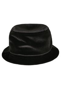 Pălărie neagră de tip bucket, realizată dintr-un material satinat neted, cu un vârf rotunjit și o margine largă, flexibilă, având un design fără cusături și fără accente vizibile.
