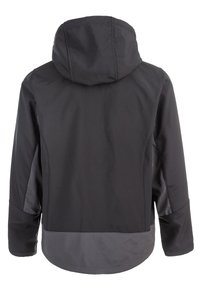 Chaqueta negra con capucha, que presenta una textura suave, acentos grises contrastantes en el dobladillo y los laterales, y un borde inferior curvado.