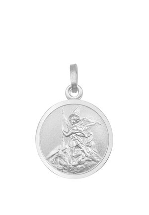 Silver round pendant depicting a winged angel standing over a defeated dragon, holding a spear upright.