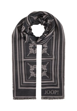 Donkergrijze sjaal met een geometrisch patroon en botanische motieven, franjes aan de randen en de merknaam "JOOP!" aan één uiteinde.