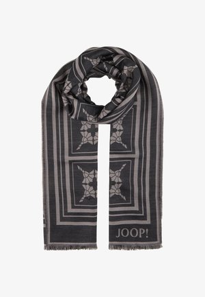 Dunkelgrauener Schal mit geometrischem Muster und floralen Motiven, mit fransigen Kanten und dem Markennamen "JOOP!" an einem Ende.