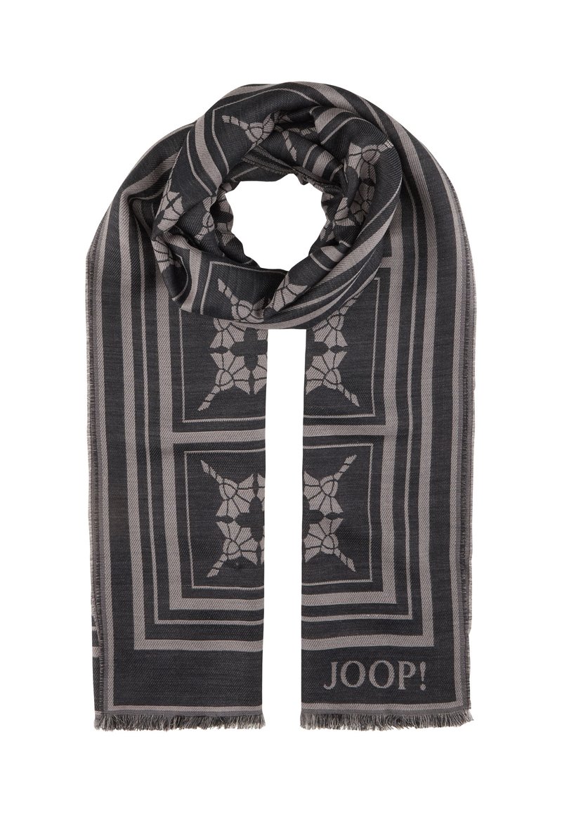 Donkergrijze sjaal met een geometrisch patroon en botanische motieven, franjes aan de randen en de merknaam "JOOP!" aan één uiteinde.