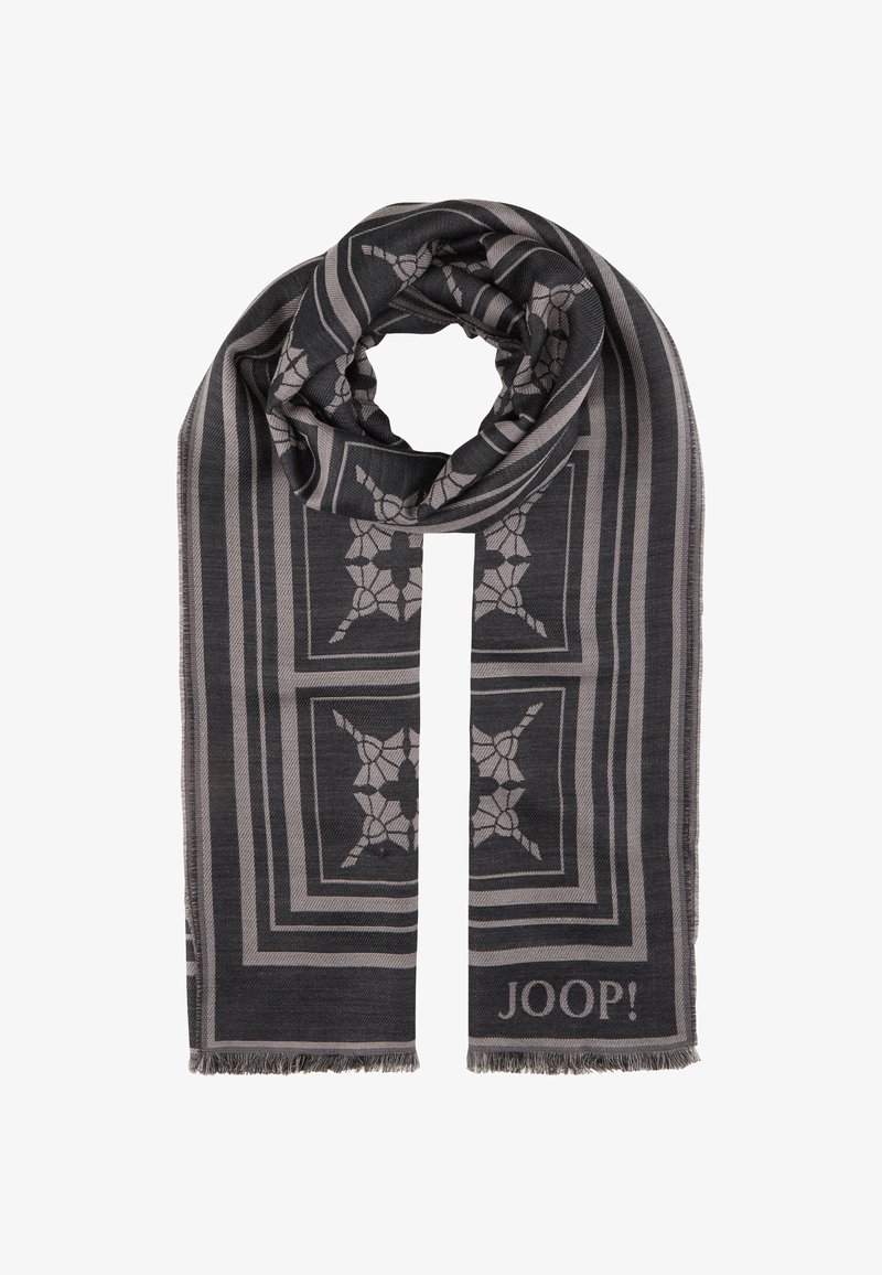 Donkergrijze sjaal met een geometrisch patroon en botanische motieven, franjes aan de randen en de merknaam "JOOP!" aan één uiteinde.