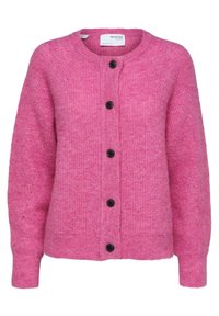Rosa stickad cardigan med rund hals, långa ärmar och svarta knappstängningar fram. Mjuk textur med en något lös passform.