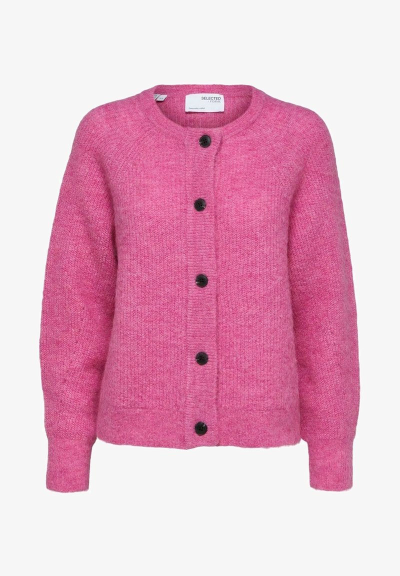 Rosa stickad cardigan med rund hals, långa ärmar och svarta knappstängningar fram. Mjuk textur med en något lös passform.