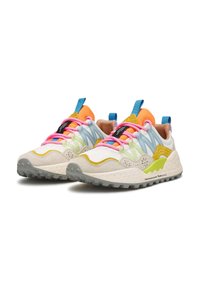 Multicolored sneakers featuring a mix of materials, including suede and mesh. Design includes bright laces, textured accents, and a rugged sole.