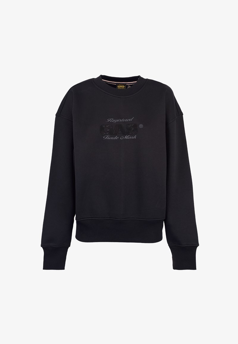Felpa nera a maniche lunghe con collo a giro, dotata di polsini e fondo a coste, che presenta un testo in rilievo "Marchio Commerciale Registrato GAS" sul davanti.