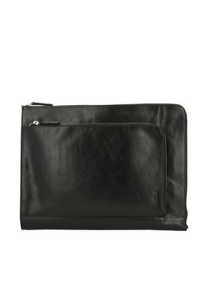 Two black leather zippered pouches, one smaller placed on top of a larger one, both with silver zipper pulls.