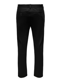 Black pants with an elastic waistband, two rear pockets with buttons, a smooth texture, and a straight-leg design.