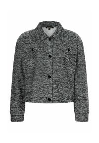 Schwarze und weiße strukturierte, taillierte Jacke mit kragenförmigem Ausschnitt, Knopfverschluss und zwei Fronttaschen. Verfügt über schwarze Knöpfe und ein gewebtes Muster.