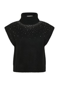 Črna pletena brezrokavna pulover z visokim ovratnikom. Ima razpršene kristalčke ob ovratniku. Mehka tekstura in sproščen kroj.