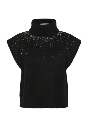 Čierny pletený bezrukávový sveter s vysokým rolákom. Obsahuje roztrúsené rhinestony pozdĺž výstrihu. Mäkká textúra a uvoľnený strih.