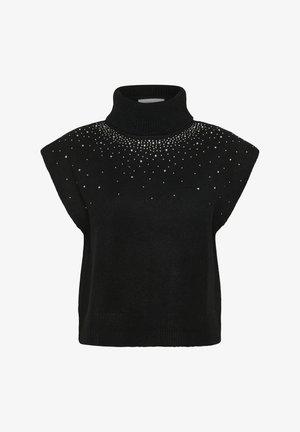 Czarny dziany sweter bez rękawów z wysokim kołnierzem. Ma rozsiane cyrkonie wzdłuż dekoltu. Miękka tekstura i luźny krój.