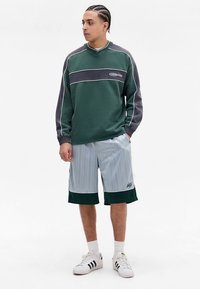 Zaļš un pelēks garroku džemperis ar apaļu apkakli, kombinēts ar gaiši pelēkām svītrainām šortiem ar zaļu apmali. Baltas sporta kurpes.