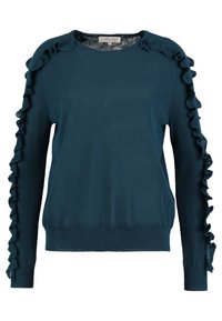 Tannengrüner Pullover mit gerippten Bündchen und Saum, versehen mit rüschigen Akzenten an beiden Ärmeln. Weicher Stoff mit glatter Textur.