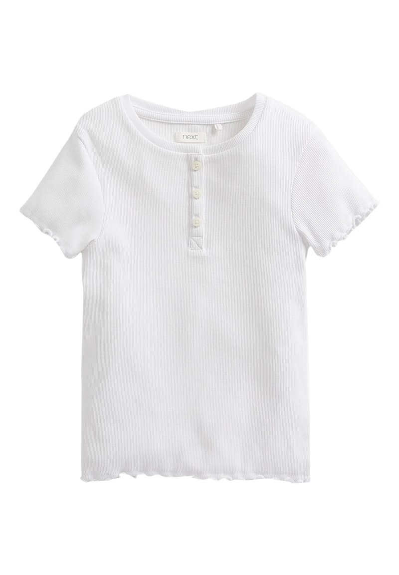Weißes T-Shirt mit kurzen Ärmeln aus geripptem Stoff, mit Rundhalsausschnitt, Dreiknopfblende und gewellten Kanten.