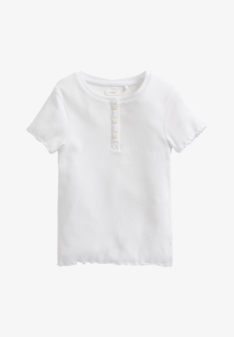 White short-sleeve t-shirt made of ribbed fabric, featuring a round neckline, three-button placket, and scalloped edges.