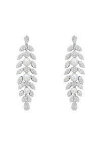 White pearl and clear crystal earrings with a leaf design, featuring marquise and round shapes, silver-toned metal, and an elongated drop detail.