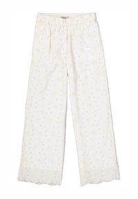 Wijde broekspijpen van een gestructureerde witte stof met bloemmotieven en kleine versieringen. Elastische tailleband voor comfort.