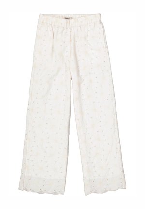 Wijde broekspijpen van een gestructureerde witte stof met bloemmotieven en kleine versieringen. Elastische tailleband voor comfort.