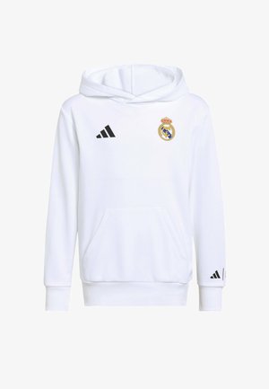 Valkoinen huppari, jossa on etutasku, kultainen ja sininen Real Madridin vaakuna, musta Adidas-logo edessä ja hihansuissa sekä kiristysnyöri hupussa.