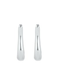 Silver, polerade metallörhängen med en avsmalnande, förlängd design som har en slät yta och en rundad topp.