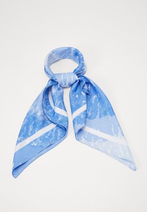 Light blue silk scarf with white diagonal stripes, tied in a loose knot on a white background.
