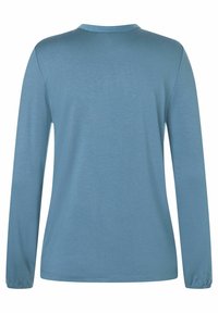 Langärmliges T-Shirt mit Rundhalsausschnitt in hellblauer Farbe. Glatte Textur, mit elastischen Bündchen. Schlichtes Design, keine Muster oder zusätzlichen Details.