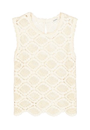 Top de encaje en color crema claro con patrón de diamantes, dobladillo festoneado y detalle de abertura en la espalda. Material de algodón con acabado texturizado.