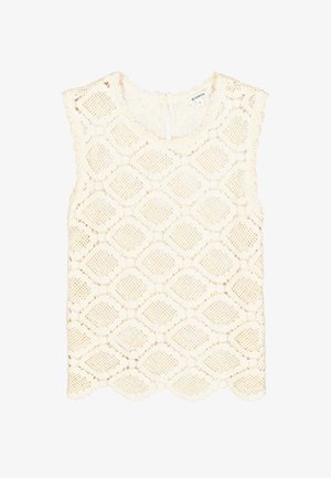 Top de encaje en color crema claro con patrón de diamantes, dobladillo festoneado y detalle de abertura en la espalda. Material de algodón con acabado texturizado.
