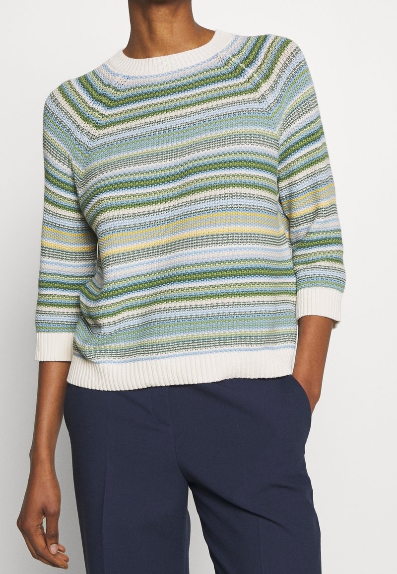 Gebreide trui met horizontale strepen in groen, blauw en geel. Heeft een ronde halslijn en geribde boorden, gemaakt van een gestructureerd materiaal.
