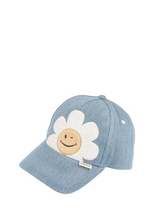 Hellblaues Jeans-Baseballcap mit einer großen weißen Gänseblümchenblume, auf der vorne ein lächelndes, zwinkerndes Gesicht gestickt ist.