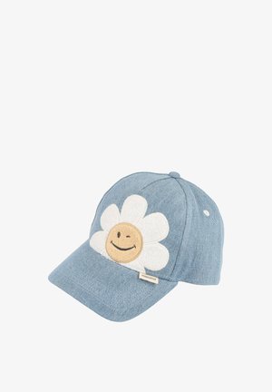 Hellblaues Jeans-Baseballcap mit einer großen weißen Gänseblümchenblume, auf der vorne ein lächelndes, zwinkerndes Gesicht gestickt ist.