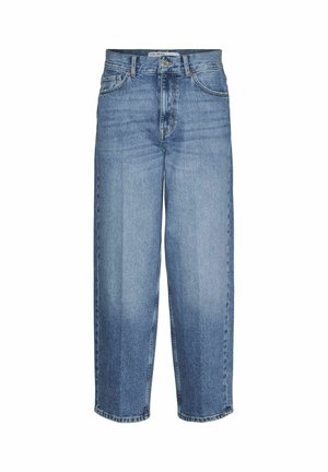 Ljusblå denimbyxor med vida ben och hög midja, fem fickor och en urtvättad finish. Har dragkedja och bälteshällor.