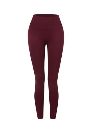 Højttaljede, sømløse bordeaux leggings med bred ribbet linning, designet til en tætsiddende, elastisk pasform.