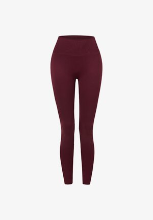 Legginsy burgundowe z wysokim stanem bez szwów, z szerokim prążkowanym pasem, zaprojektowane dla dopasowanego, elastycznego kroju.