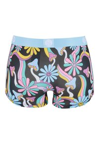 Kolorowe bokserki w czarnym kolorze, zdobione wzorem kwiatów, grzybów i tęczy w pastelowych odcieniach. Niebieska elastyczna gumka u góry.